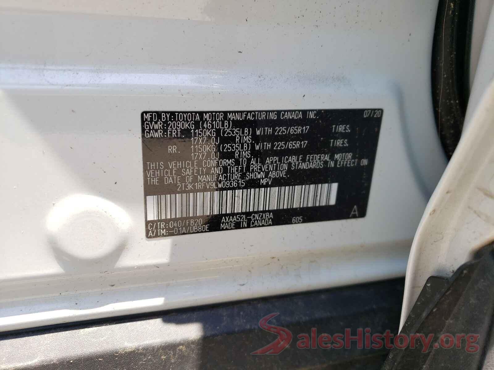 2T3K1RFV9LW093615 2020 TOYOTA RAV4