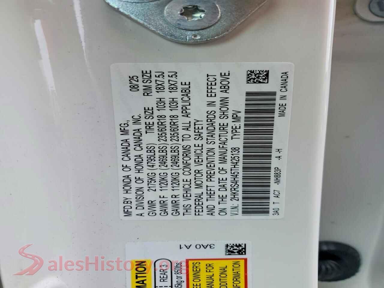 2026 HONDA CRV VIN 2HKRS4H45TH425138, trunk area