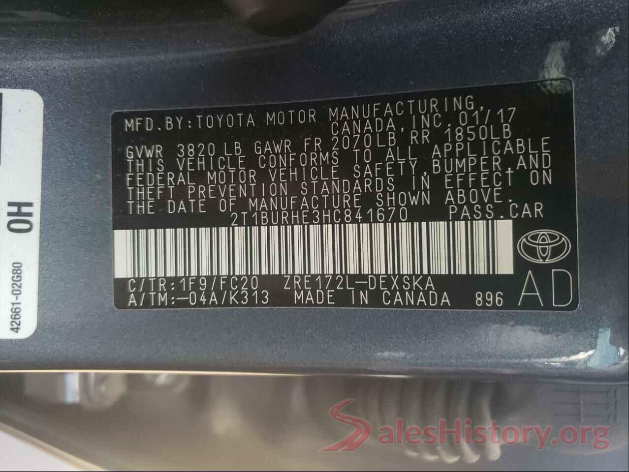 2T1BURHE3HC841670 2017 TOYOTA COROLLA