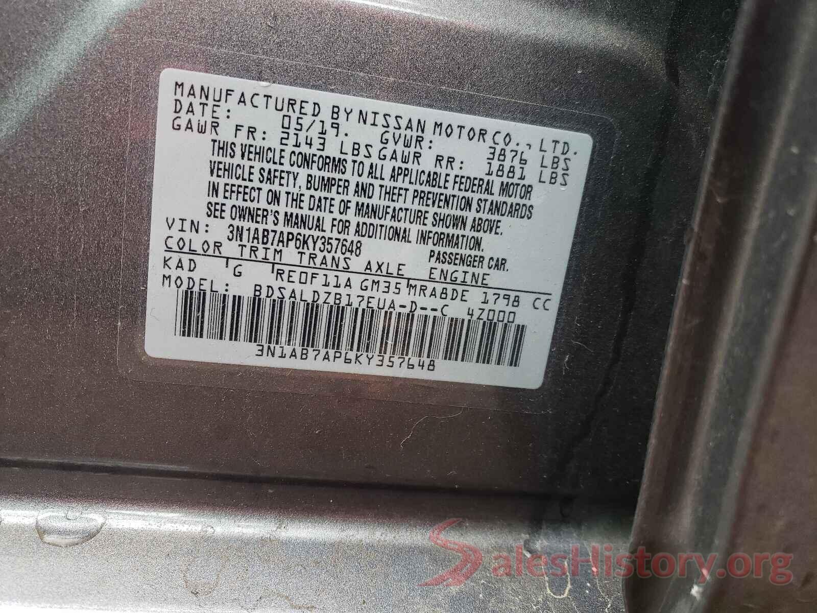 3N1AB7AP6KY357648 2019 NISSAN SENTRA