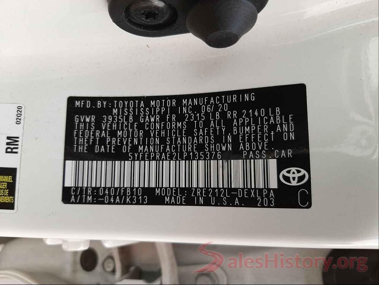 5YFEPRAE2LP135376 2020 TOYOTA COROLLA