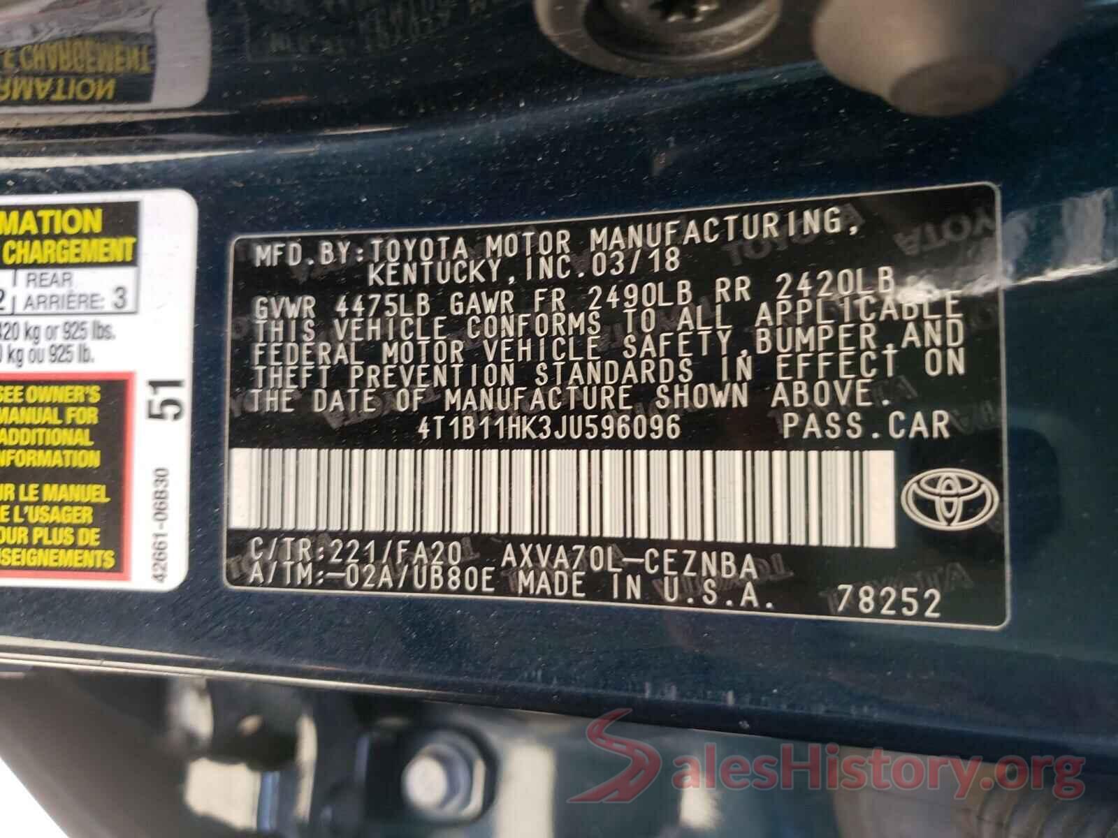 4T1B11HK3JU596096 2018 TOYOTA CAMRY