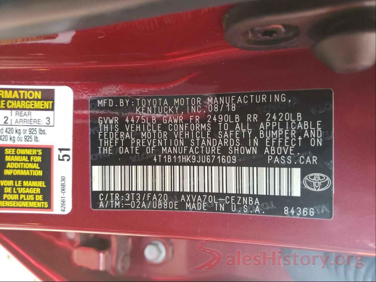 4T1B11HK9JU671609 2018 TOYOTA CAMRY