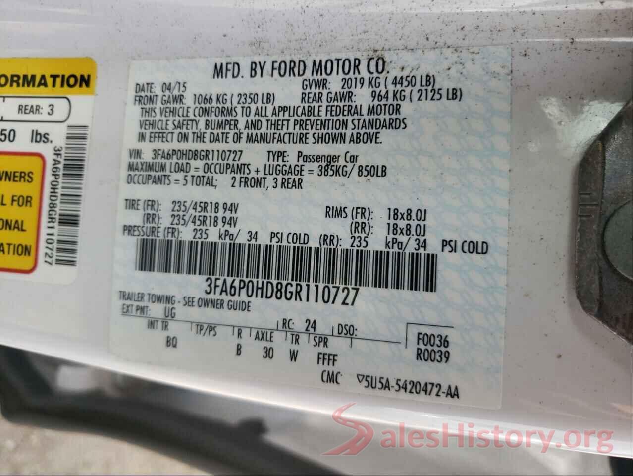 3FA6P0HD8GR110727 2016 FORD FUSION