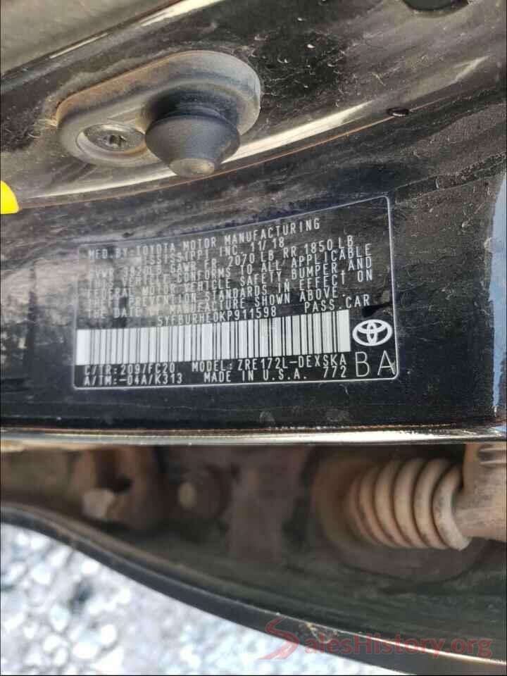 5YFBURHE0KP911598 2019 TOYOTA COROLLA