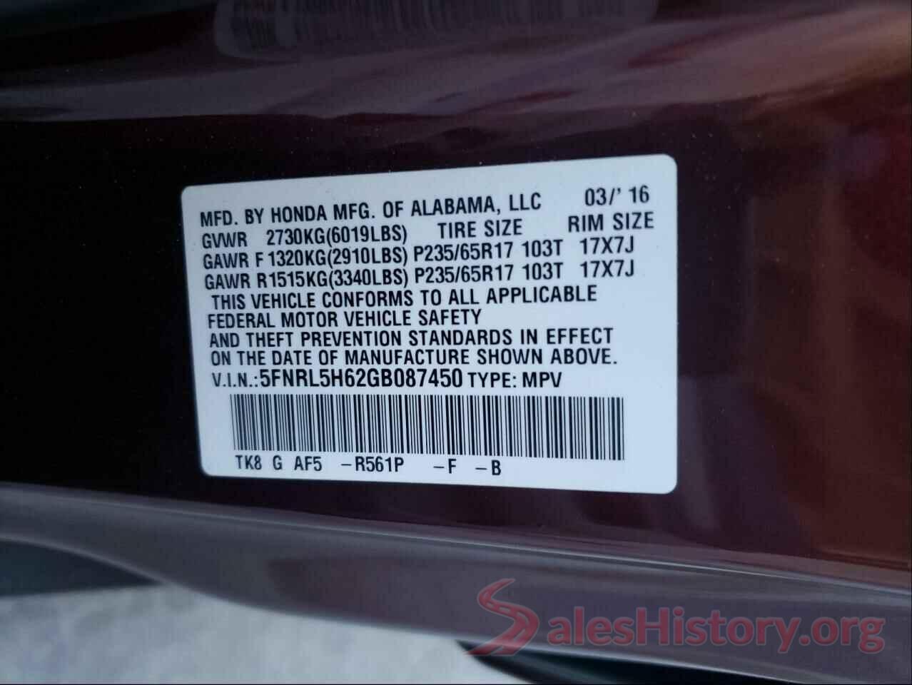 5FNRL5H62GB087450 2016 HONDA ODYSSEY