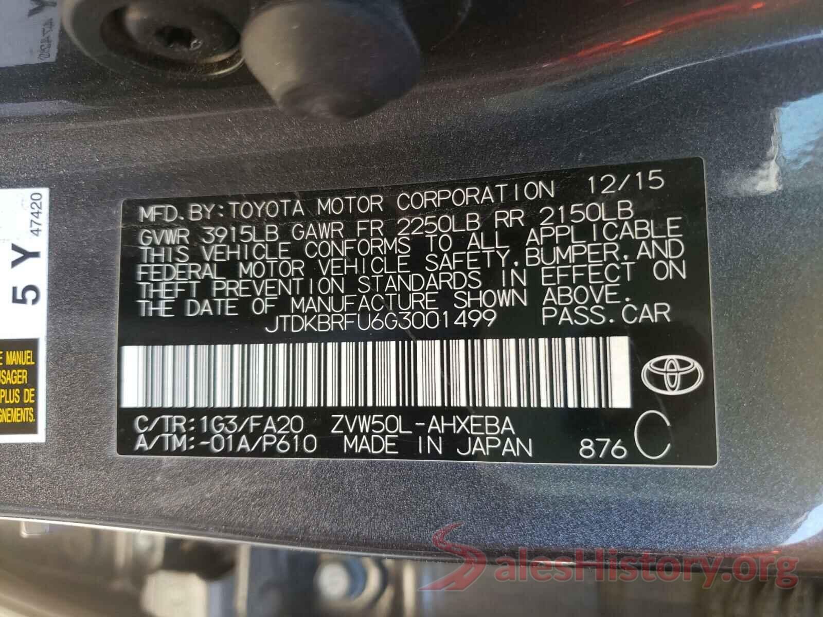 JTDKBRFU6G3001499 2016 TOYOTA PRIUS