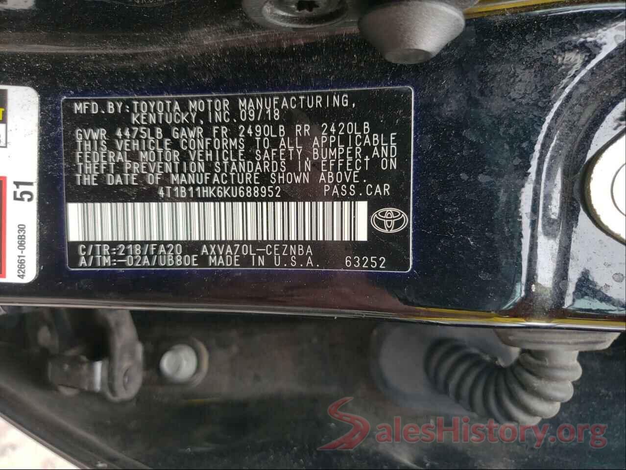 4T1B11HK6KU688952 2019 TOYOTA CAMRY