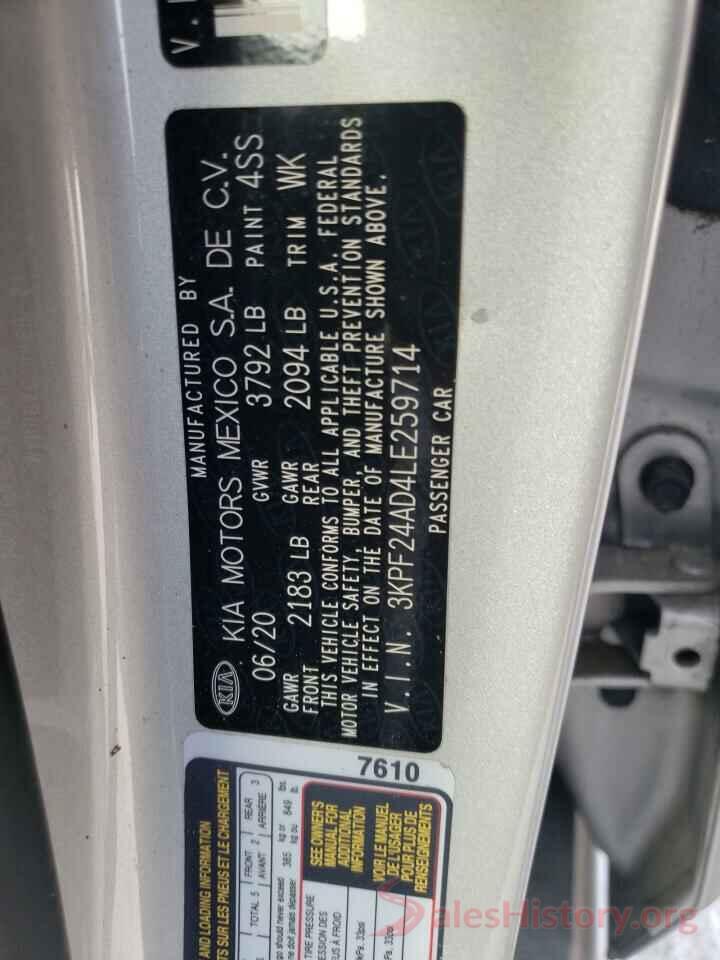 3KPF24AD4LE259714 2020 KIA FORTE