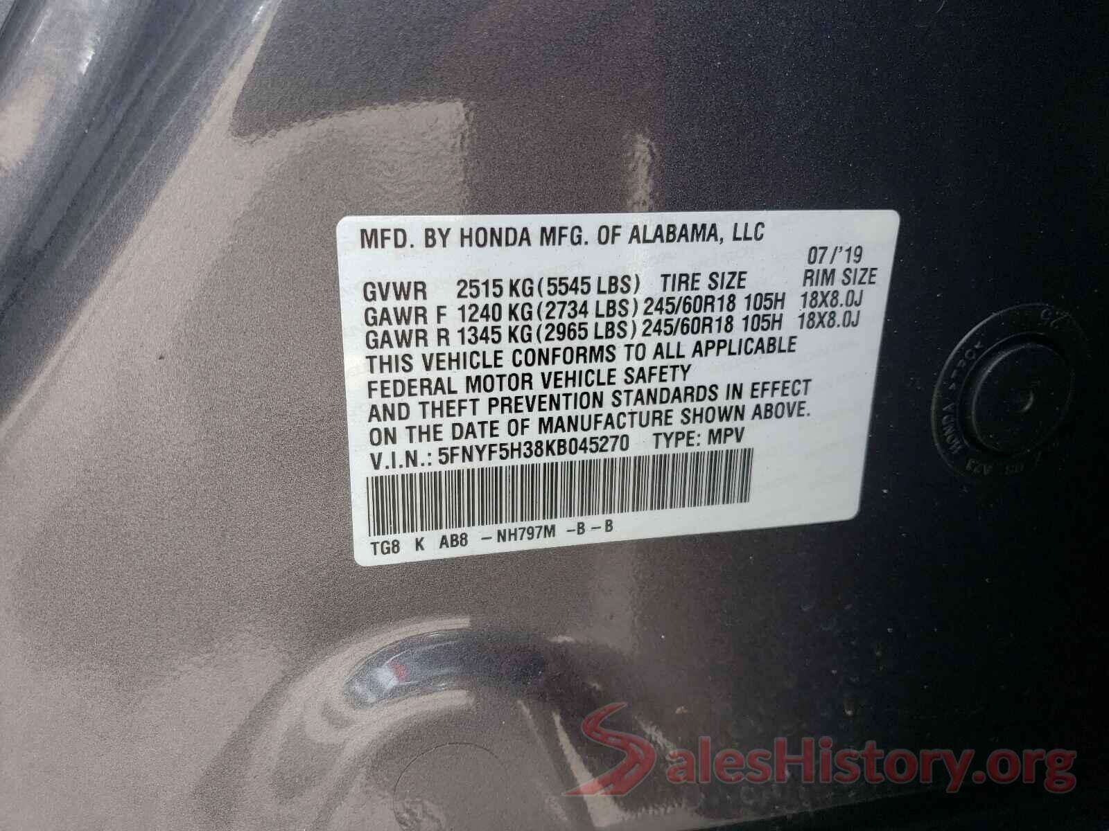 5FNYF5H38KB045270 2019 HONDA PILOT