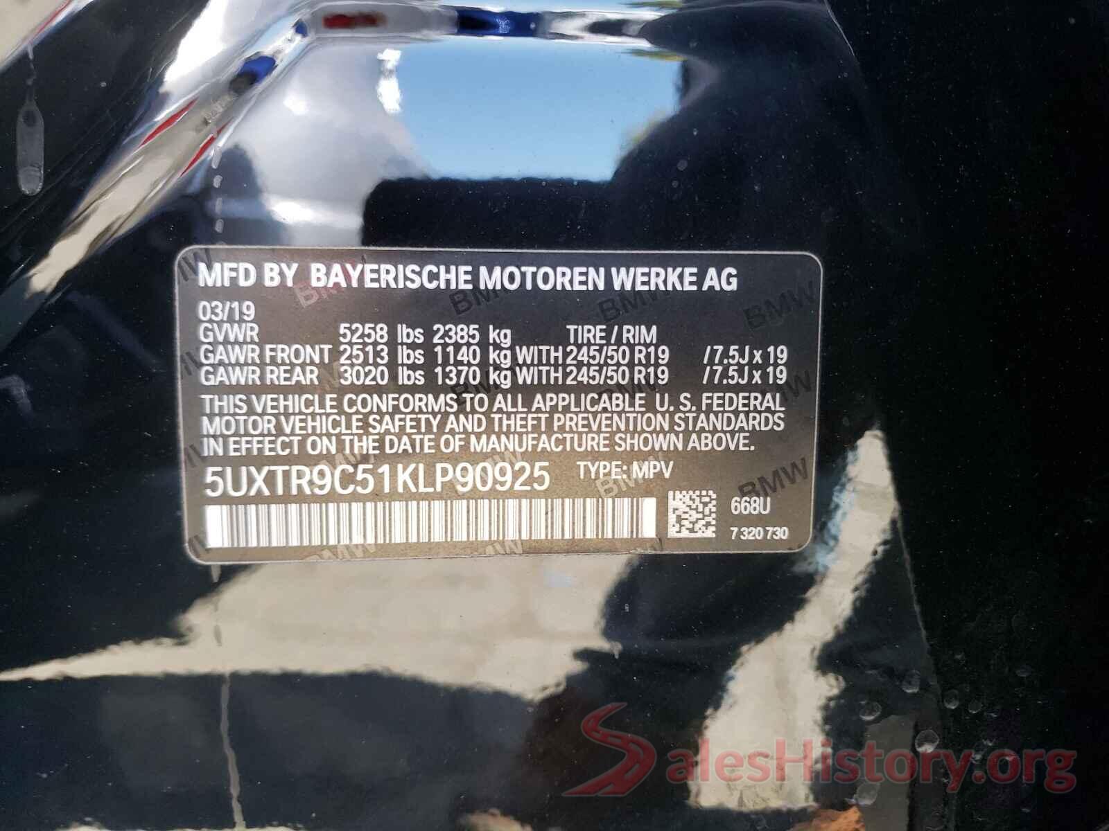 5UXTR9C51KLP90925 2019 BMW X3