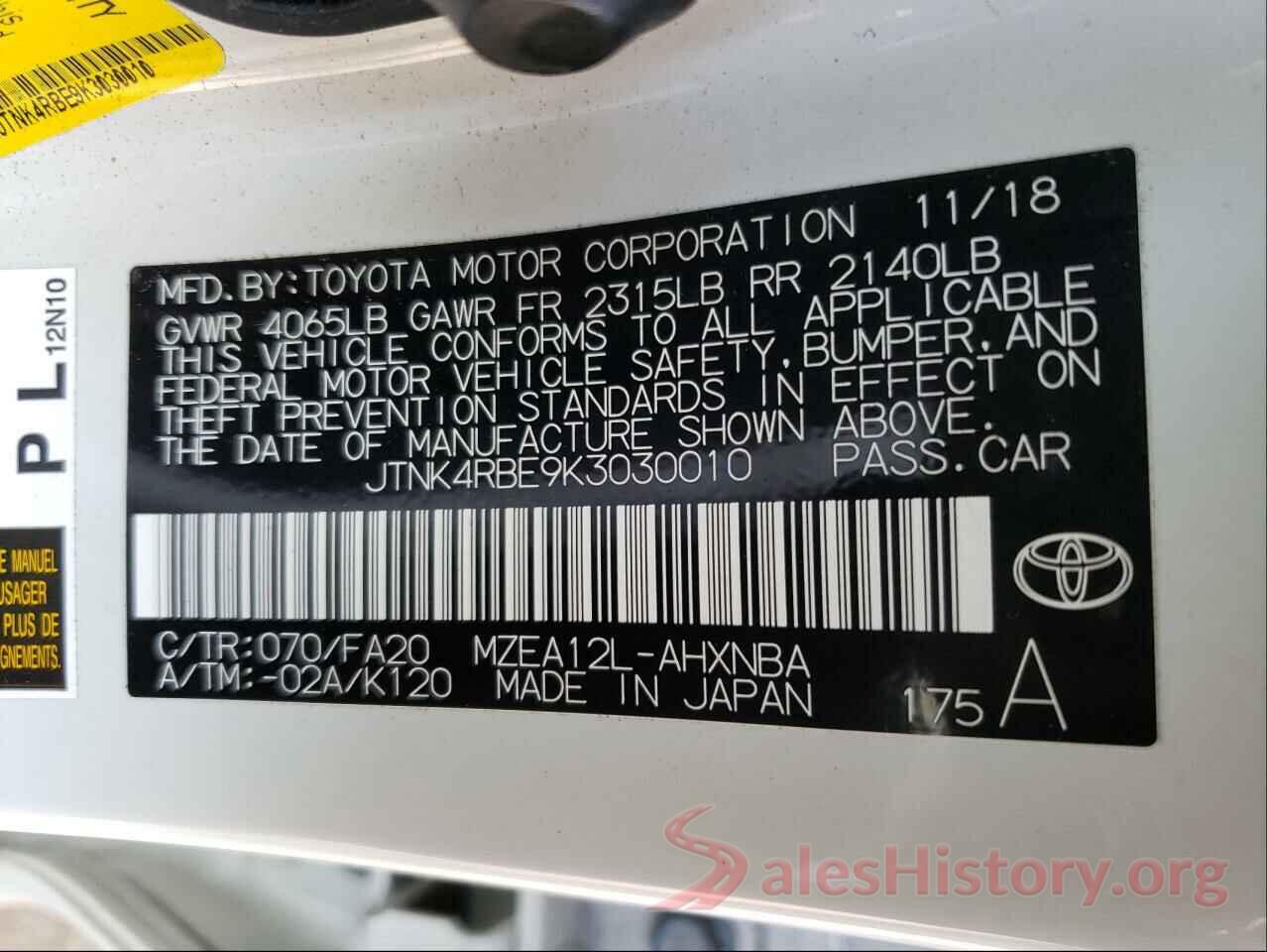 JTNK4RBE9K3030010 2019 TOYOTA COROLLA