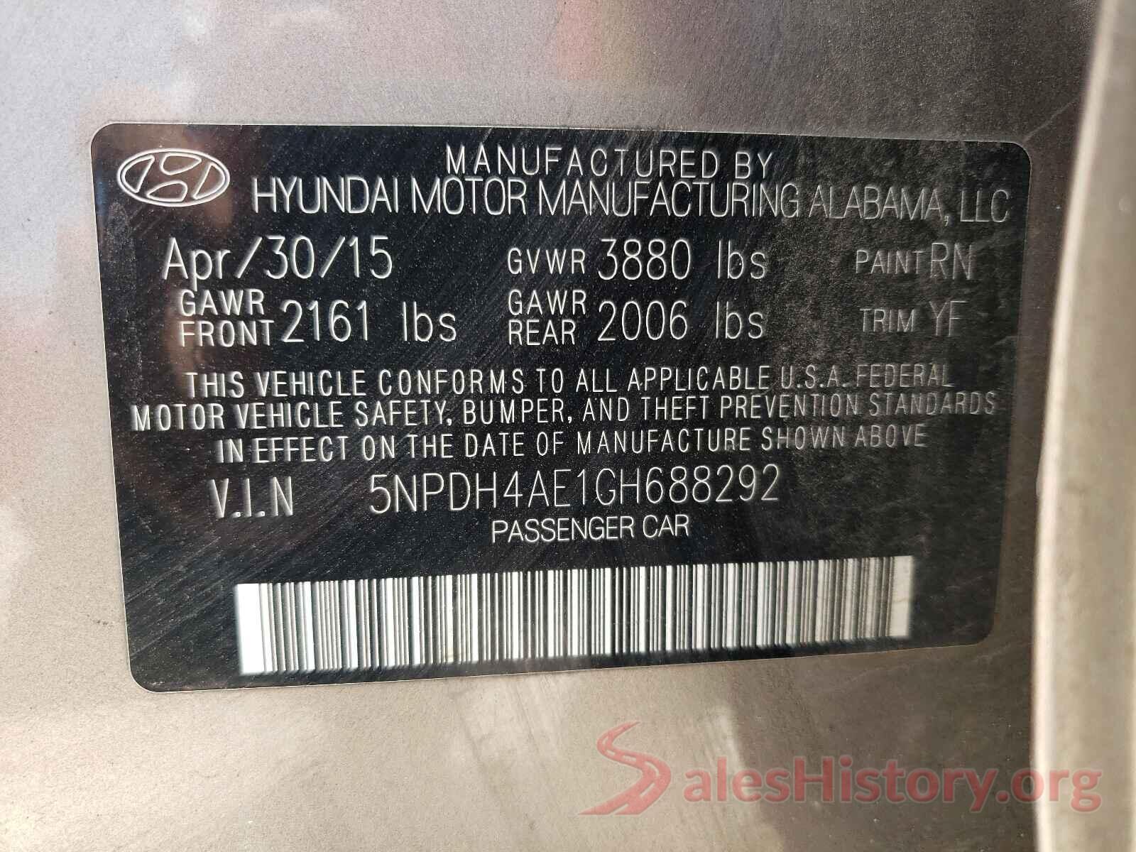 5NPDH4AE1GH688292 2016 HYUNDAI ELANTRA