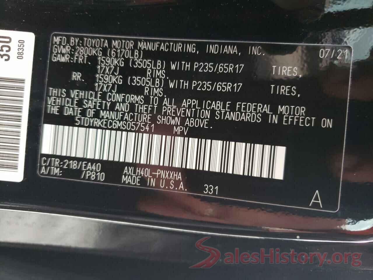 5TDYRKEC6MS057541 2021 TOYOTA SIENNA