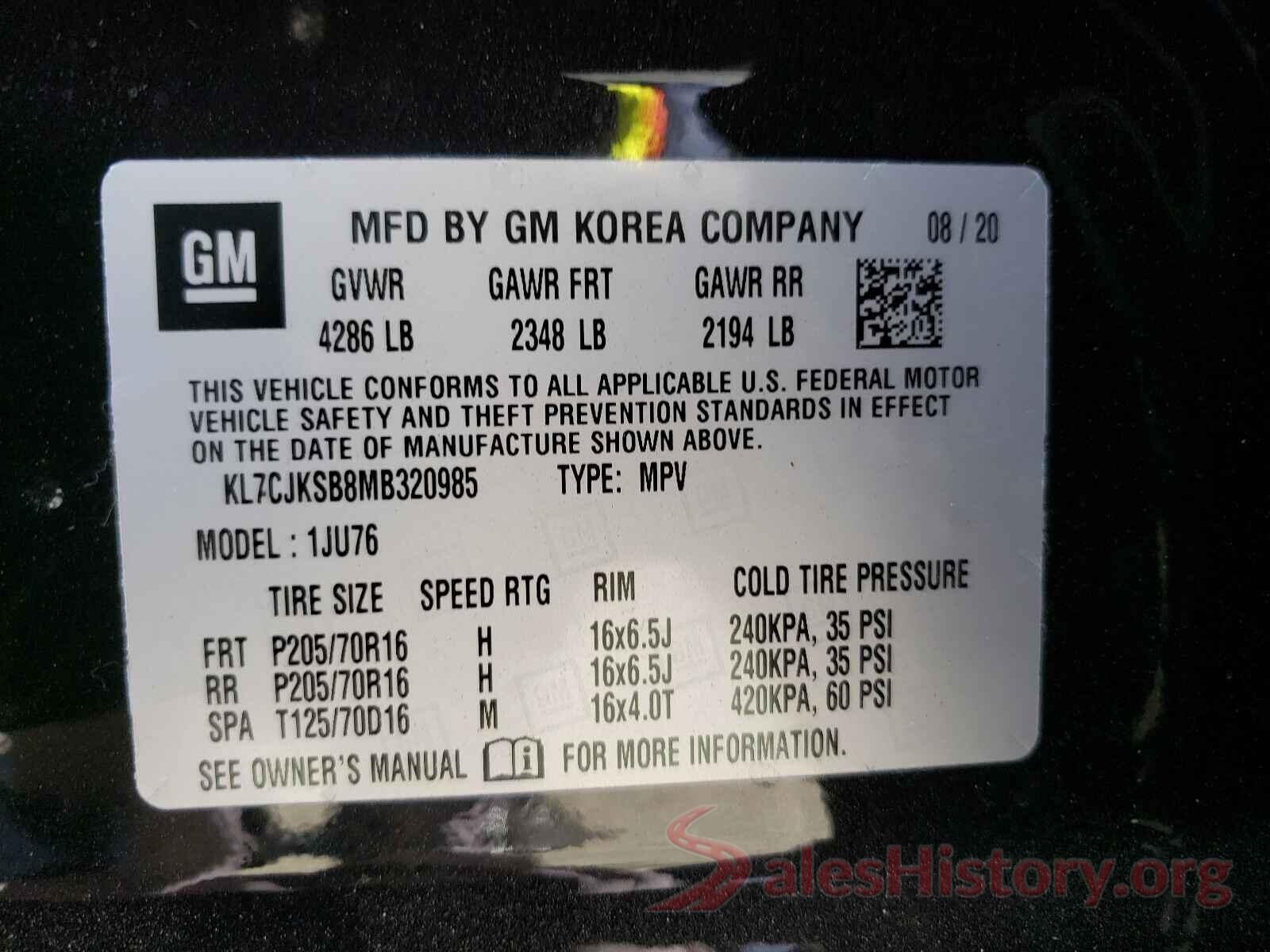 KL7CJKSB8MB320985 2021 CHEVROLET TRAX