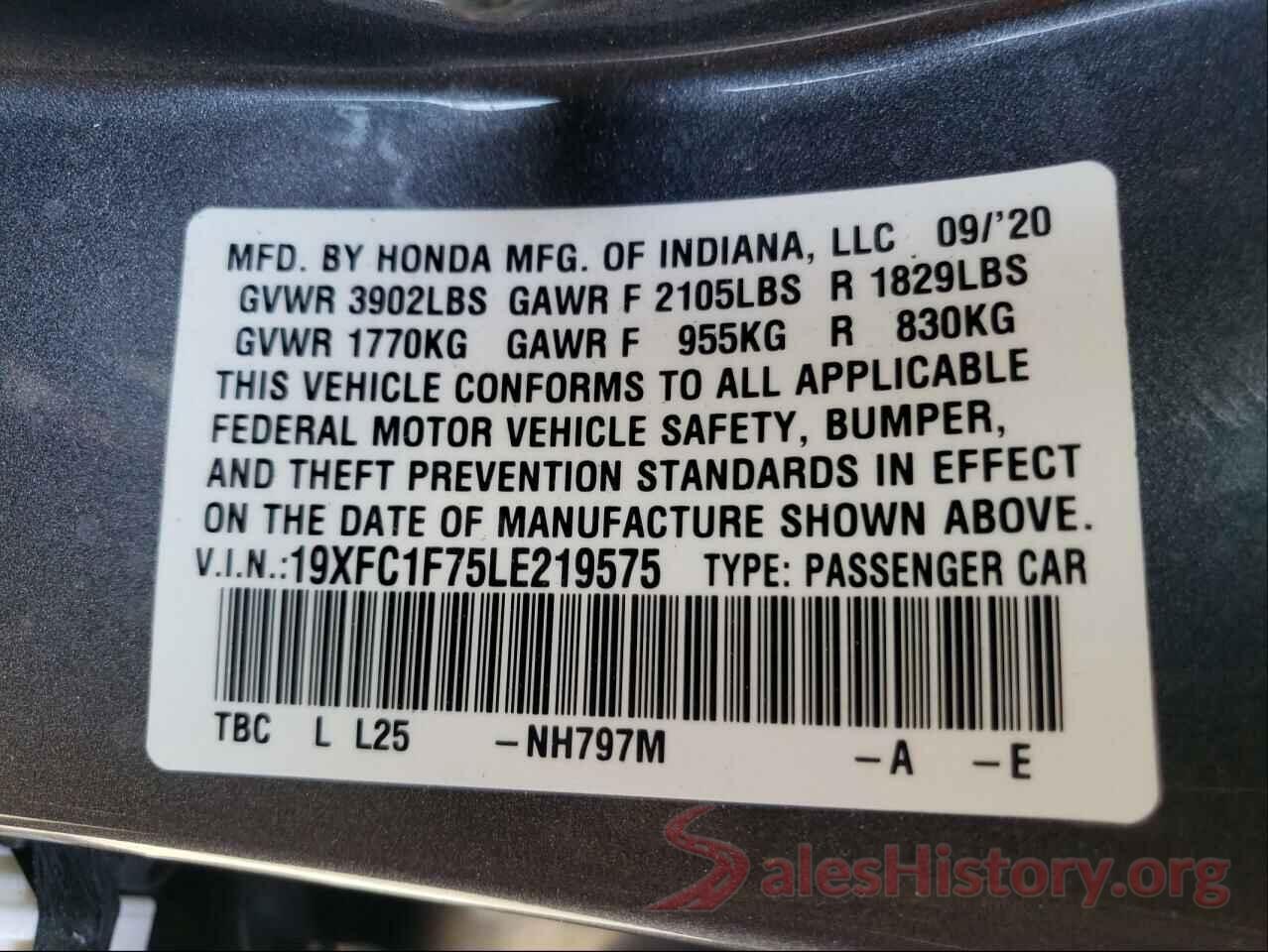 19XFC1F75LE219575 2020 HONDA CIVIC