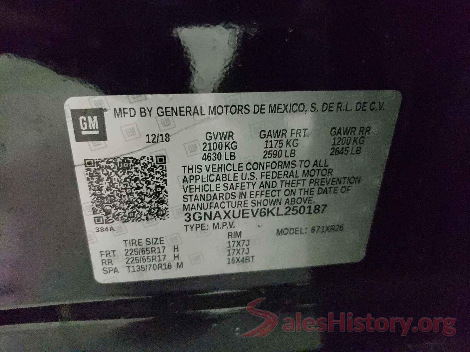 3GNAXUEV6KL250187 2019 CHEVROLET EQUINOX