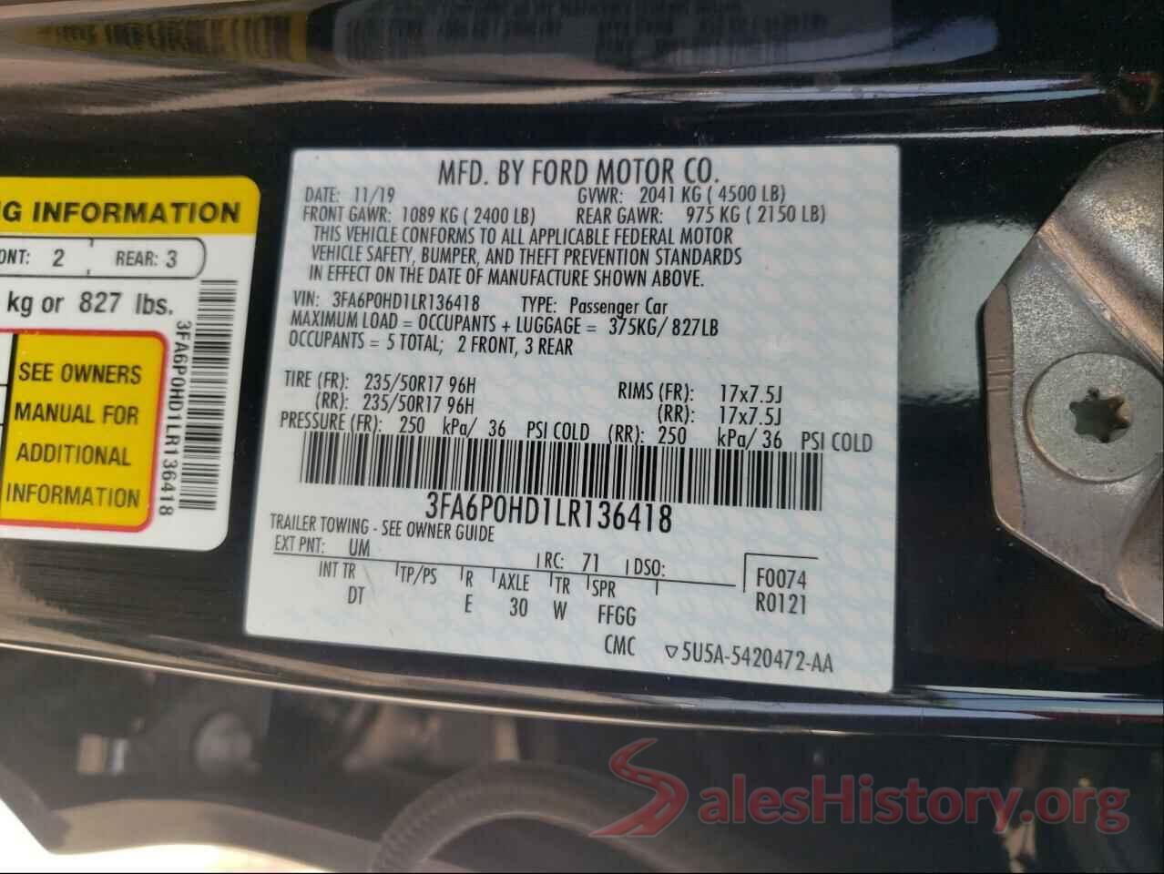 3FA6P0HD1LR136418 2020 FORD FUSION