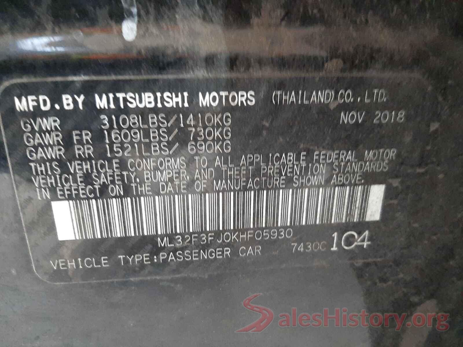 ML32F3FJ0KHF05930 2019 MITSUBISHI MIRAGE