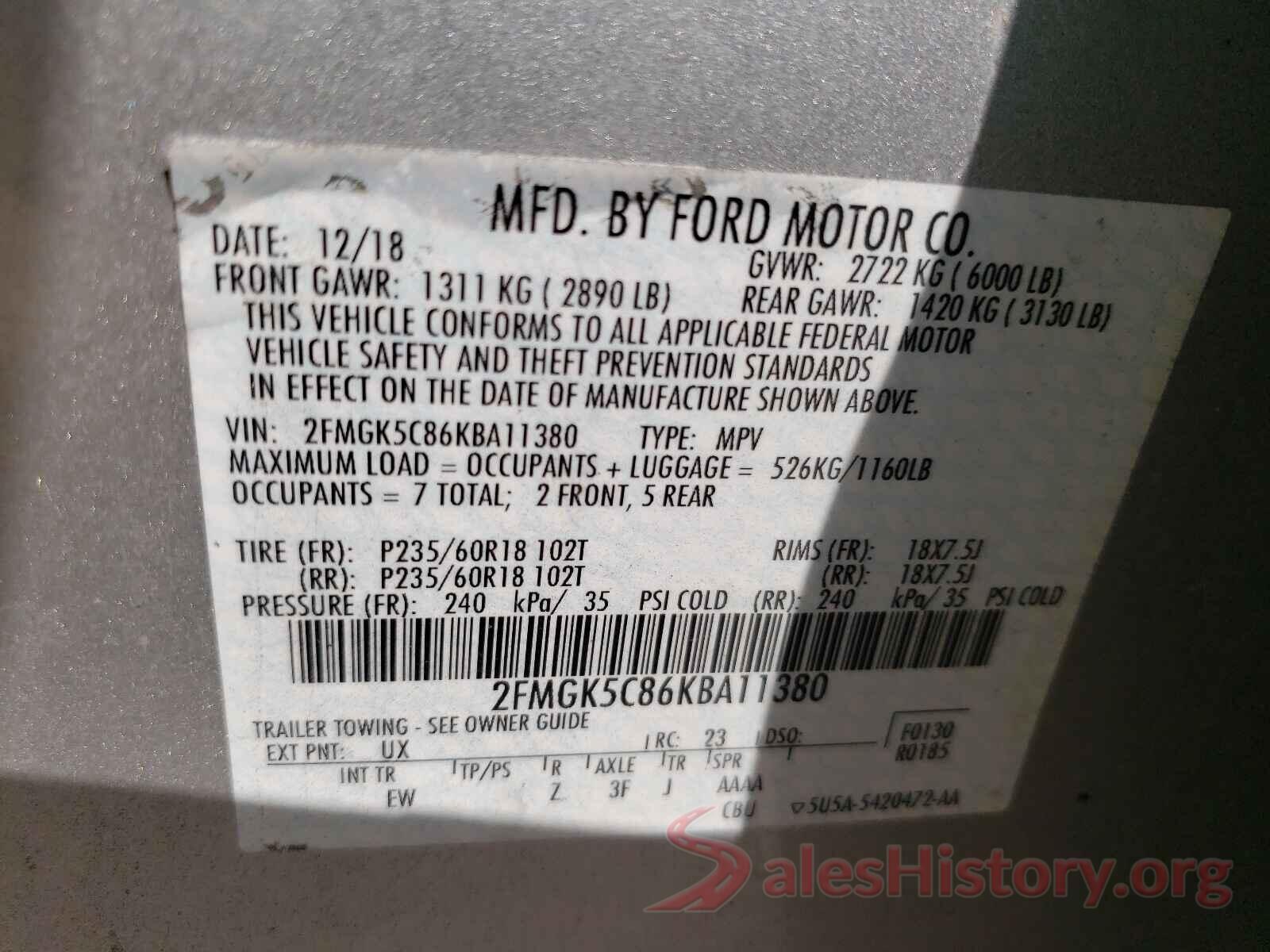 2FMGK5C86KBA11380 2019 FORD FLEX