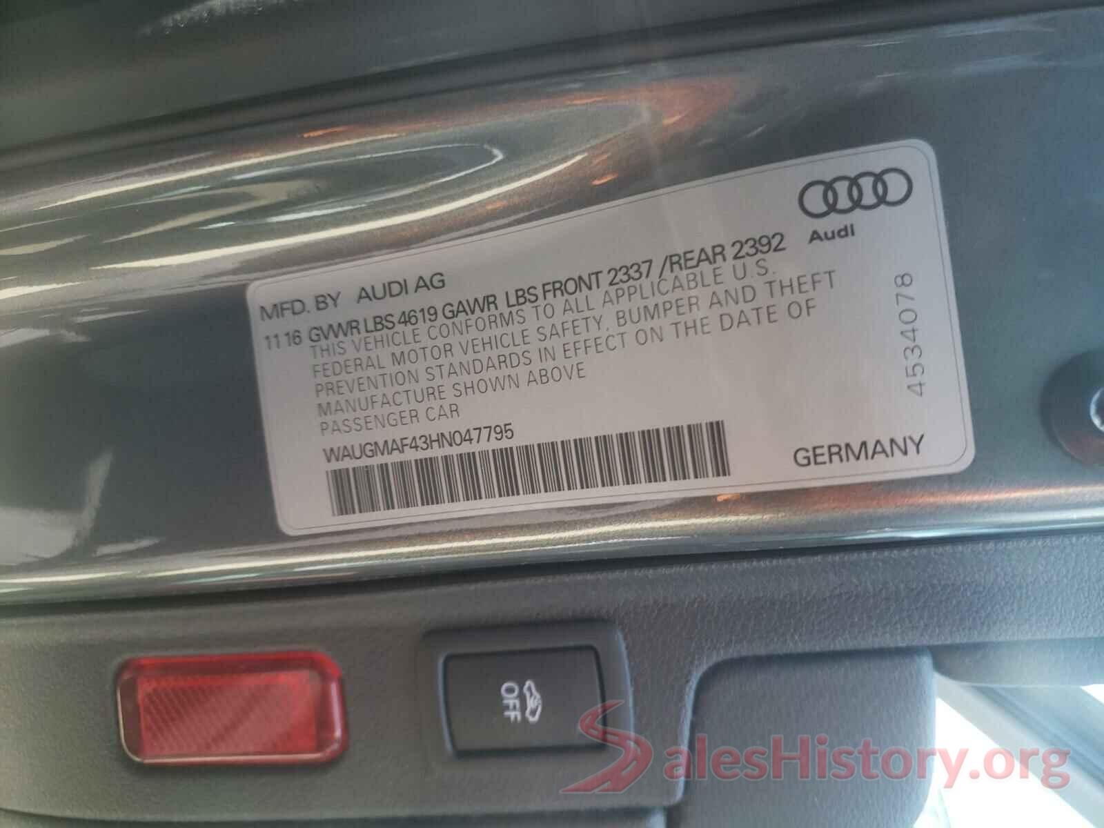 WAUGMAF43HN047795 2017 AUDI A4