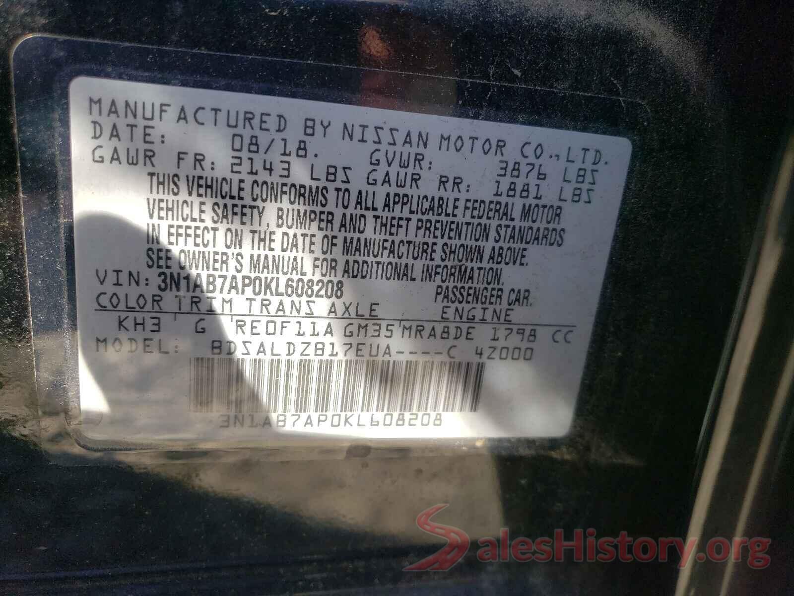 3N1AB7AP0KL608208 2019 NISSAN SENTRA