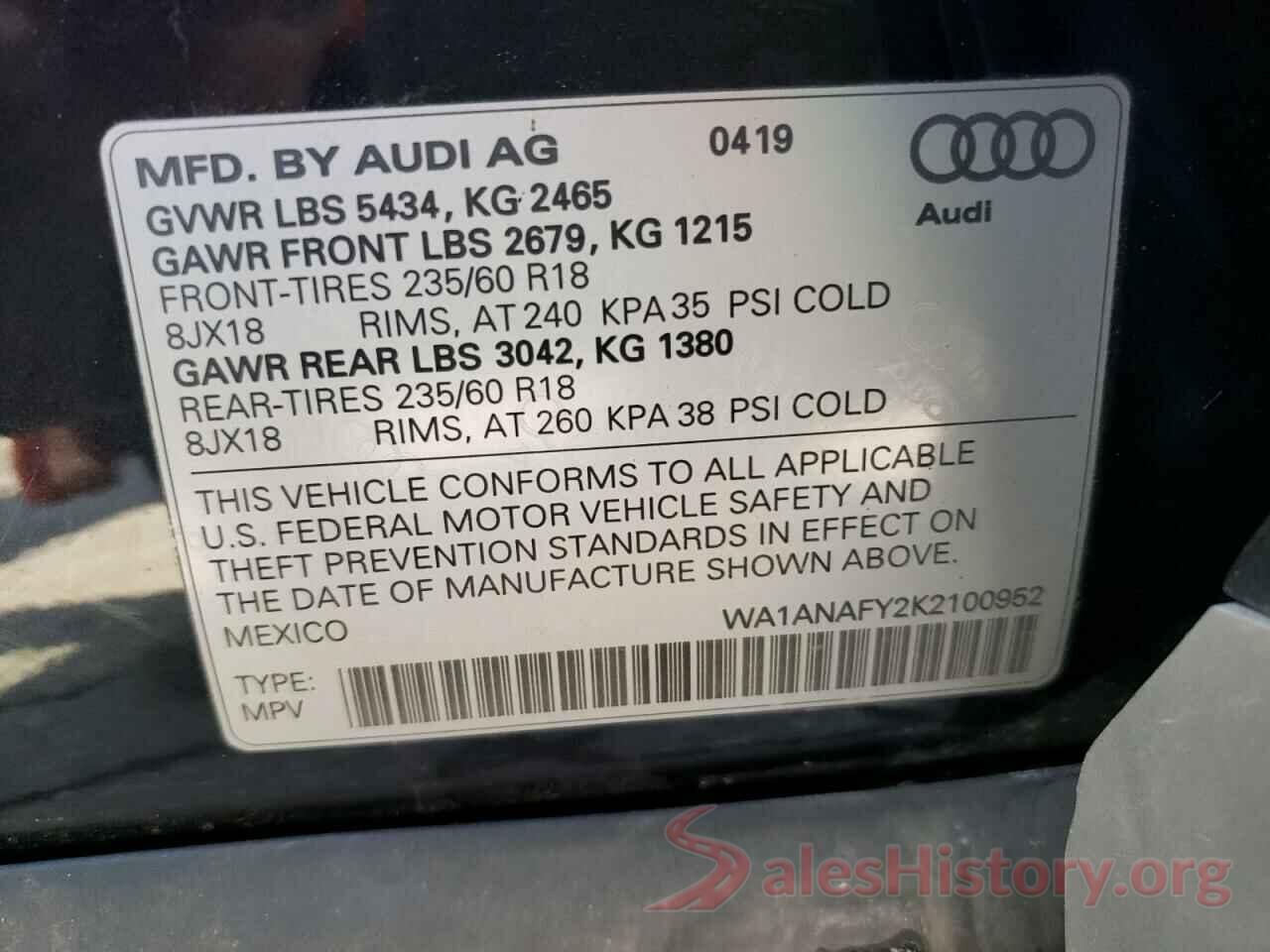 WA1ANAFY2K2100952 2019 AUDI Q5