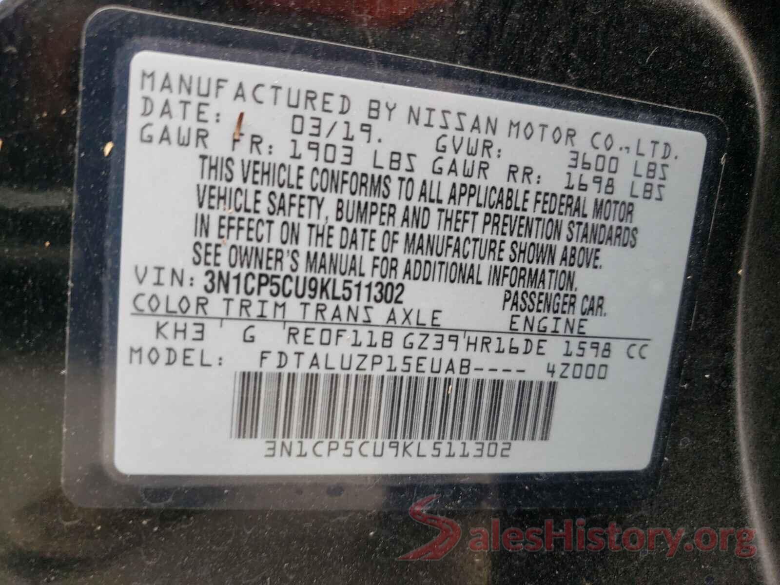 3N1CP5CU9KL511302 2019 NISSAN KICKS