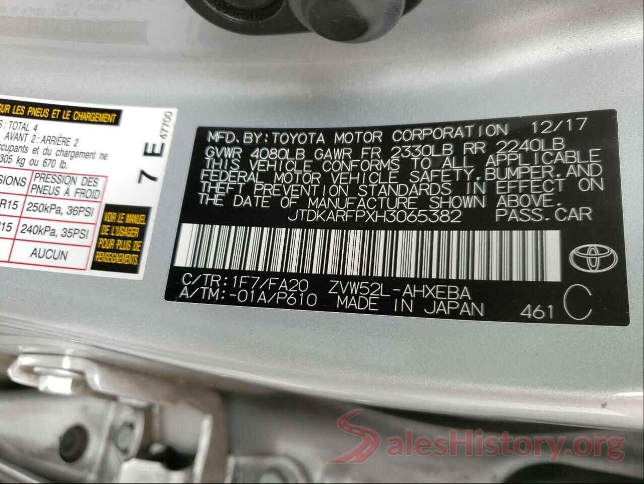 JTDKARFPXH3065382 2017 TOYOTA PRIUS