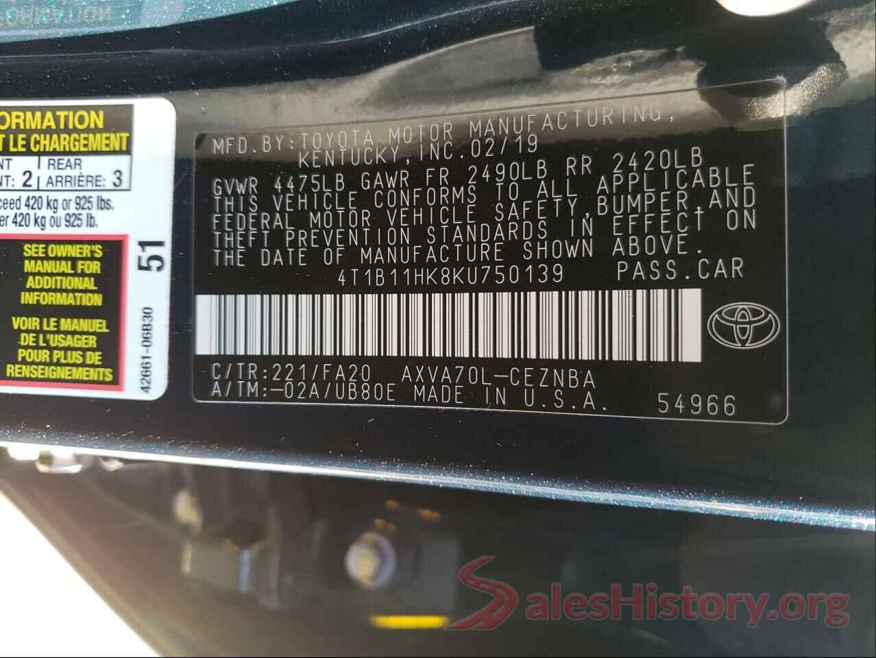 4T1B11HK8KU750139 2019 TOYOTA CAMRY