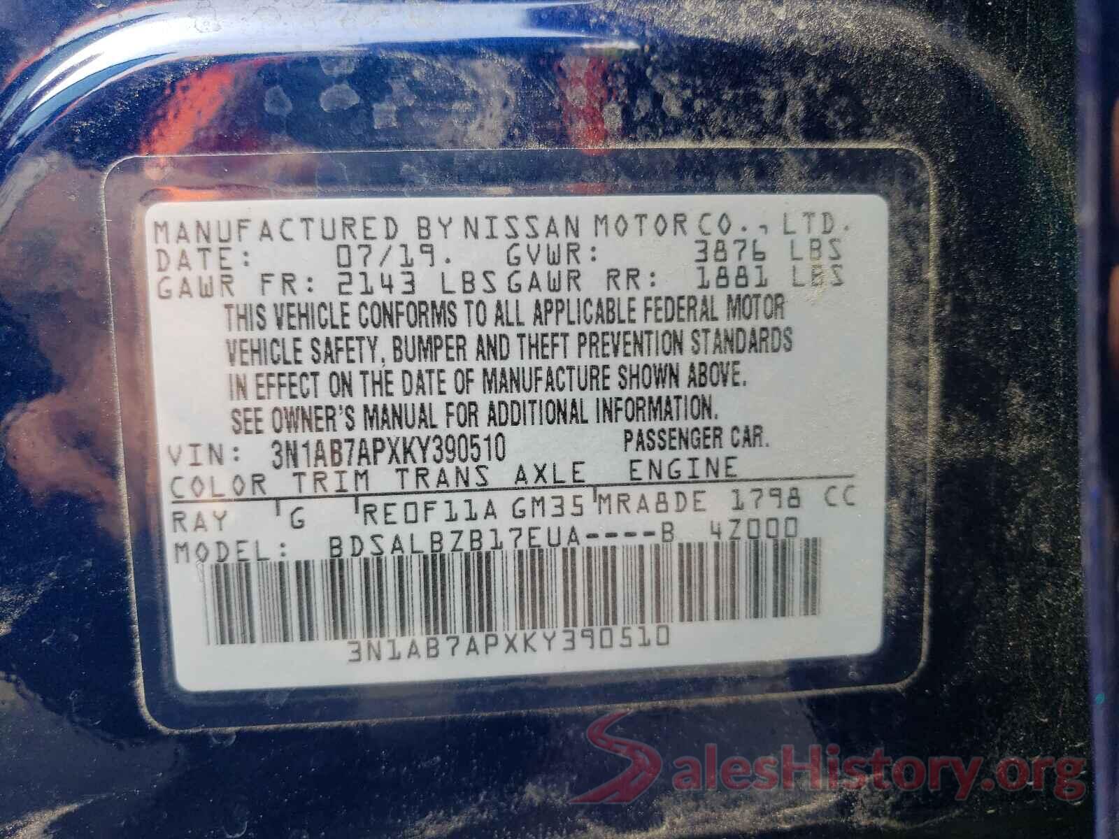 3N1AB7APXKY390510 2019 NISSAN SENTRA