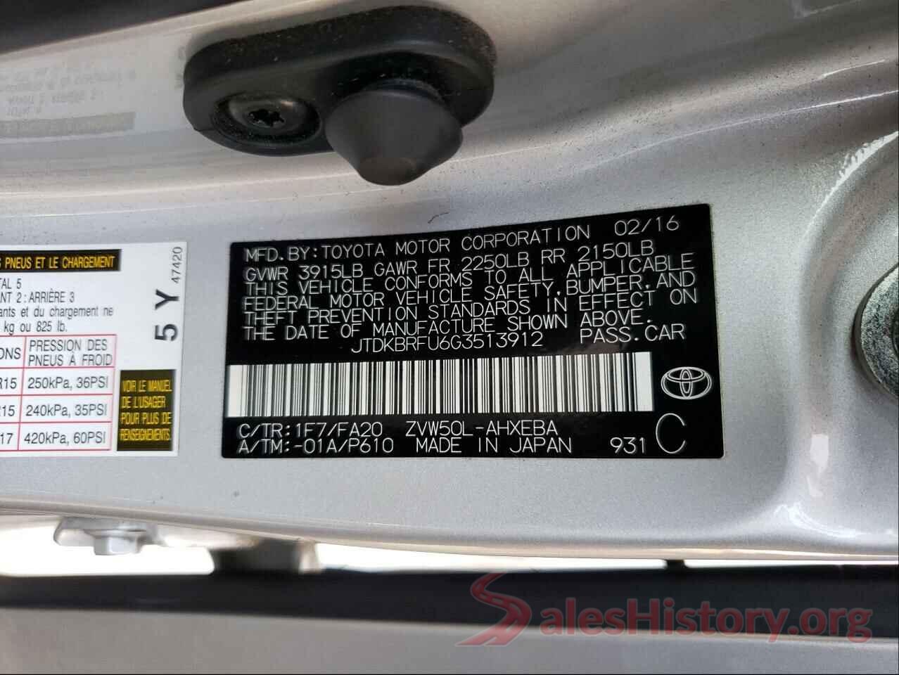 JTDKBRFU6G3513912 2016 TOYOTA PRIUS