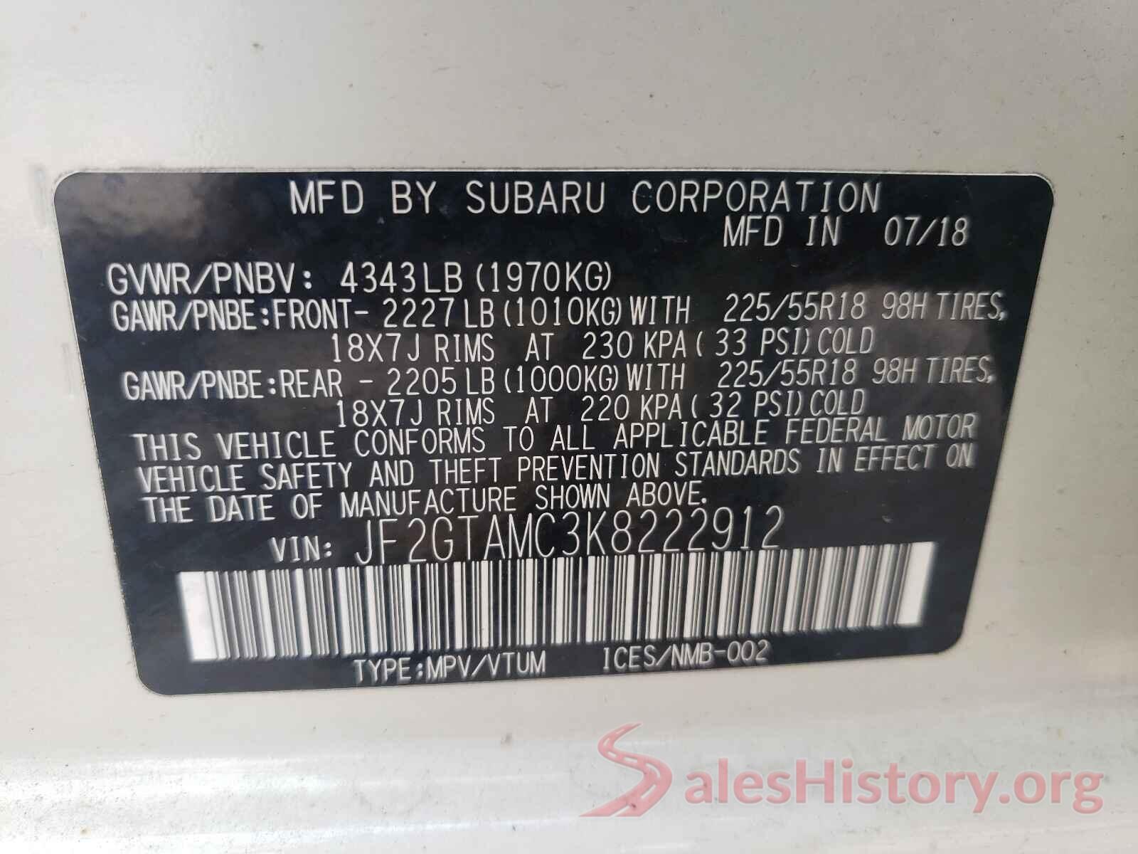 JF2GTAMC3K8222912 2019 SUBARU CROSSTREK