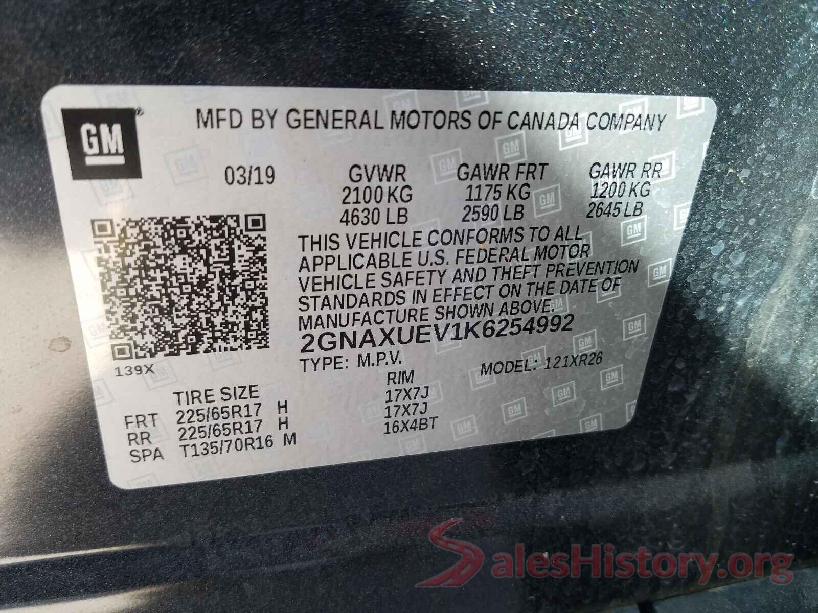 2GNAXUEV1K6254992 2019 CHEVROLET EQUINOX