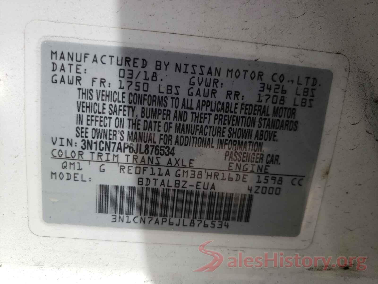 3N1CN7AP6JL876534 2018 NISSAN VERSA