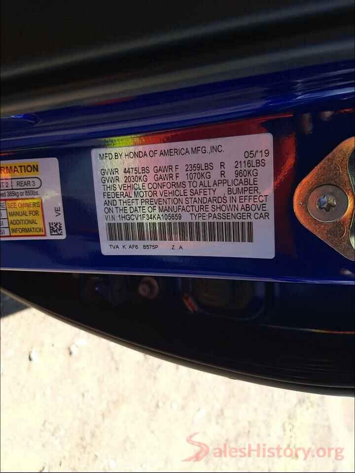 1HGCV1F34KA105659 2019 HONDA ACCORD