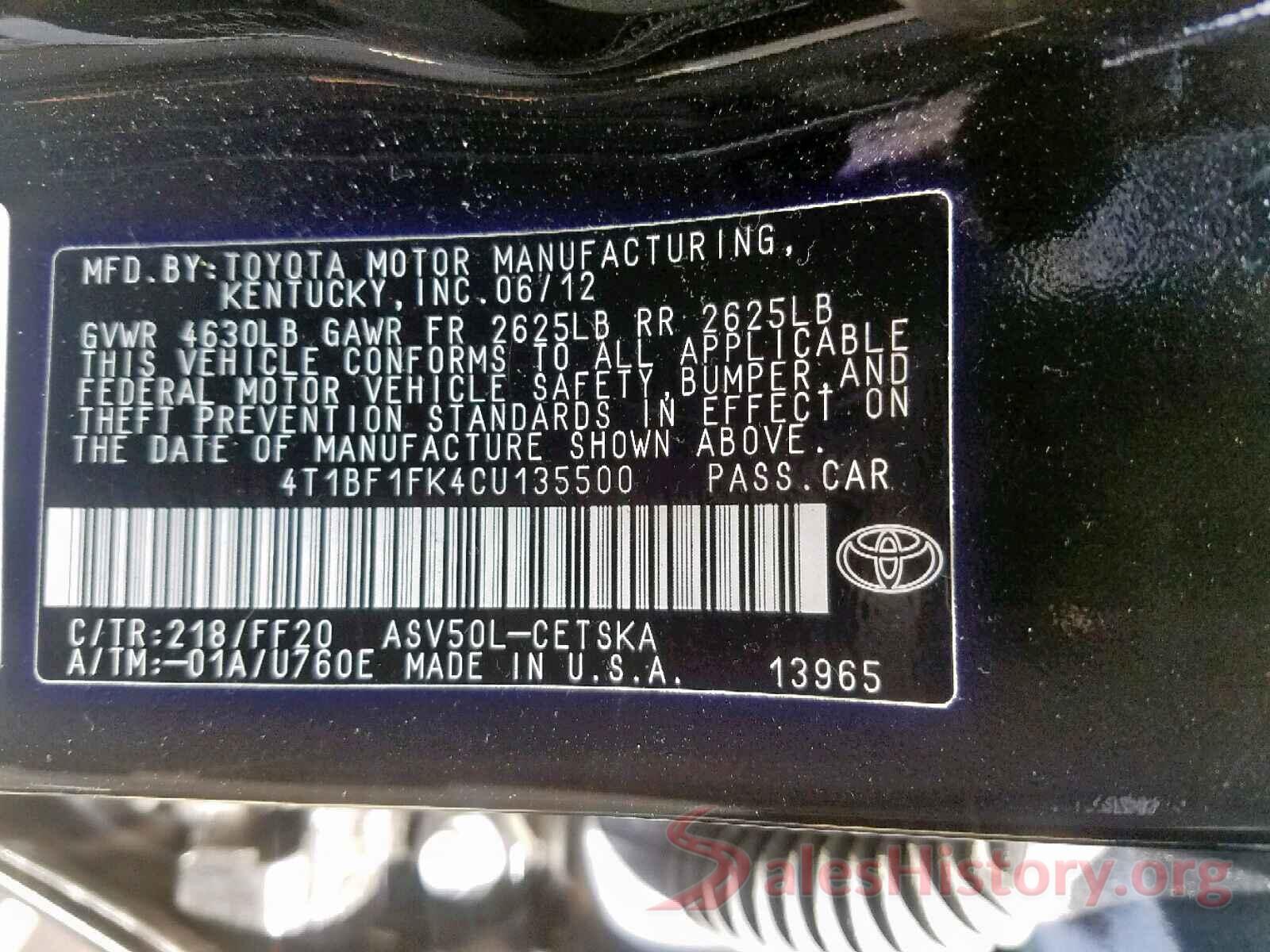 4T1BF1FK4CU135500 2012 TOYOTA CAMRY BASE