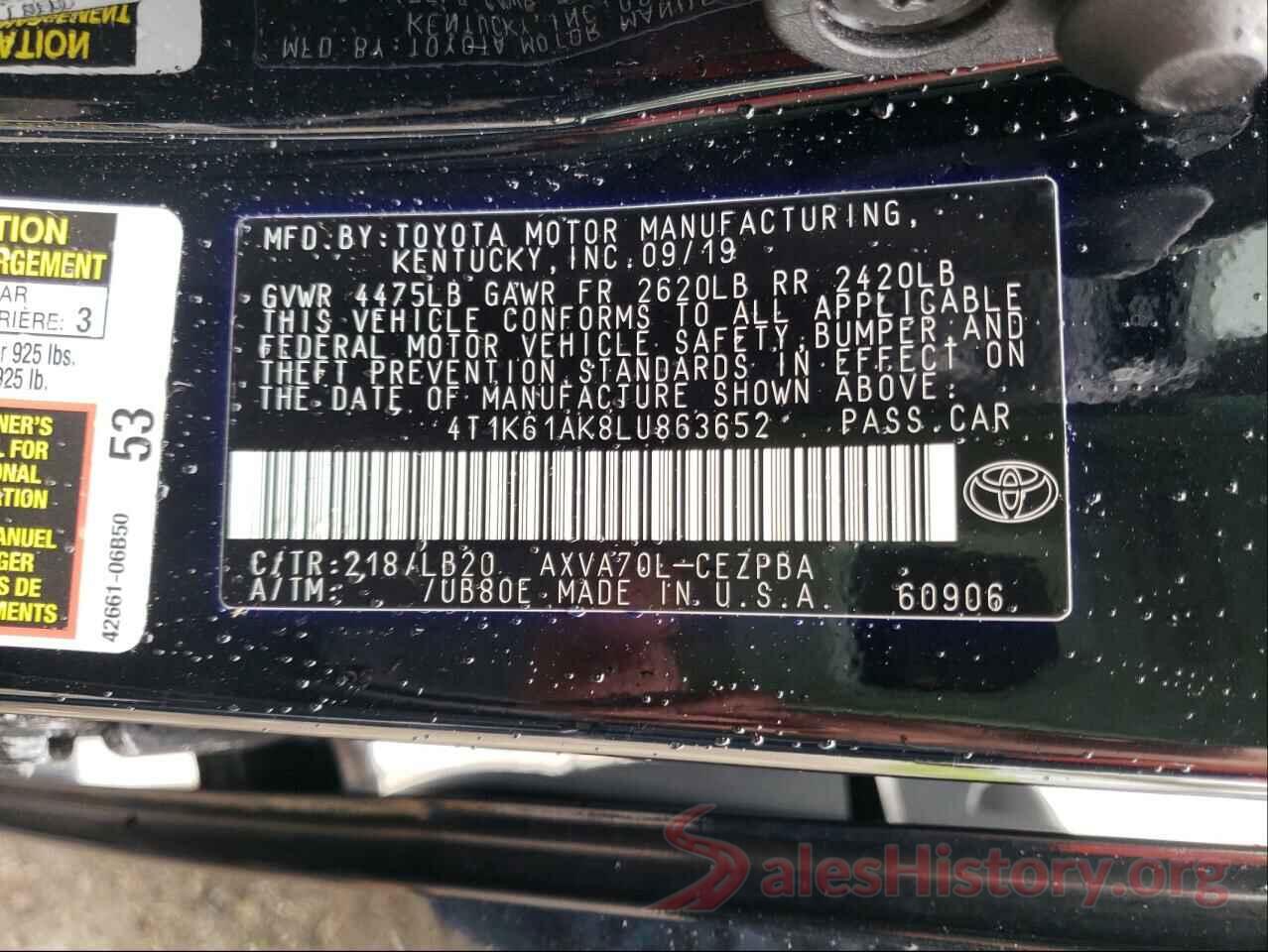 4T1K61AK8LU863652 2020 TOYOTA CAMRY