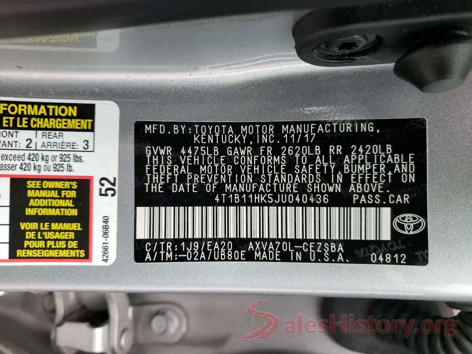 4T1B11HK5JU040436 2018 TOYOTA CAMRY