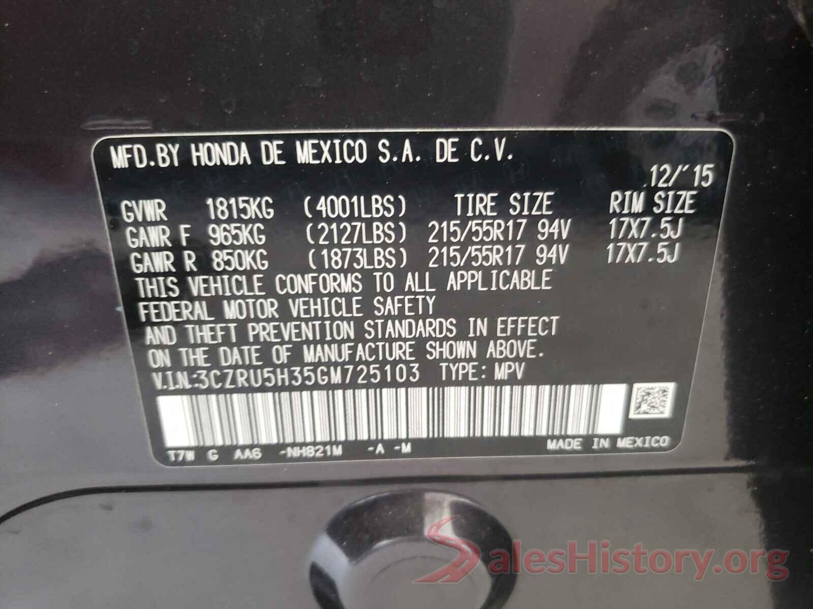 3CZRU5H35GM725103 2016 HONDA HR-V