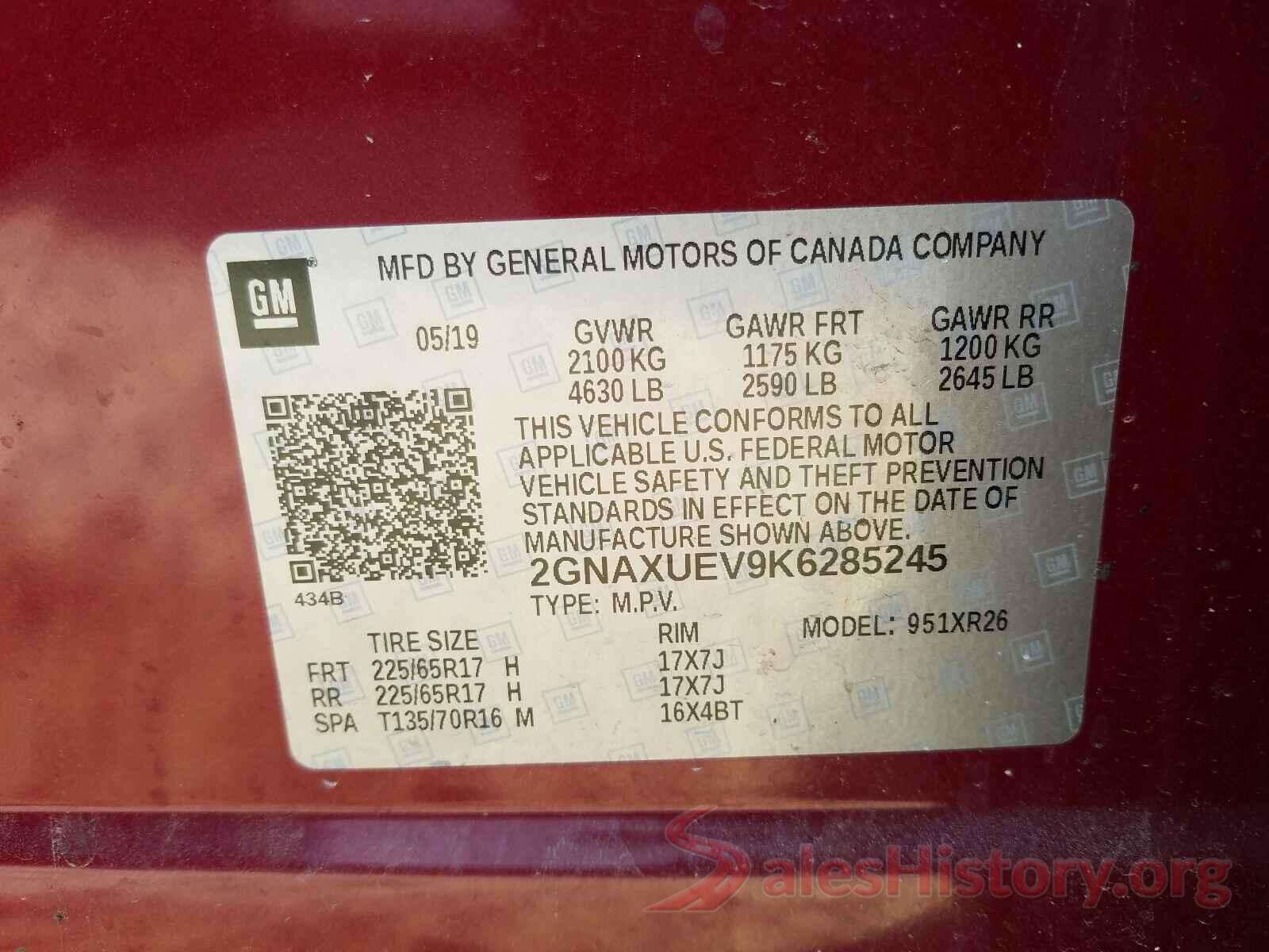 2GNAXUEV9K6285245 2019 CHEVROLET EQUINOX