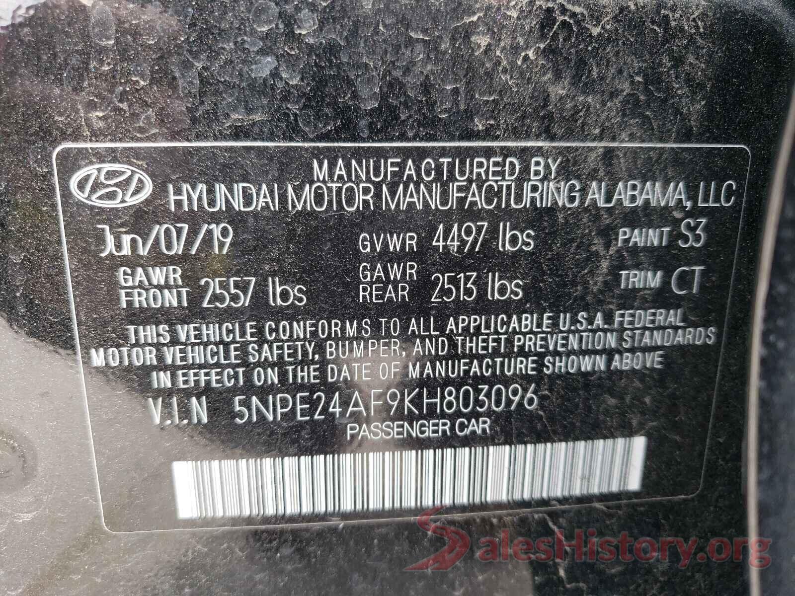 5NPE24AF9KH803096 2019 HYUNDAI SONATA