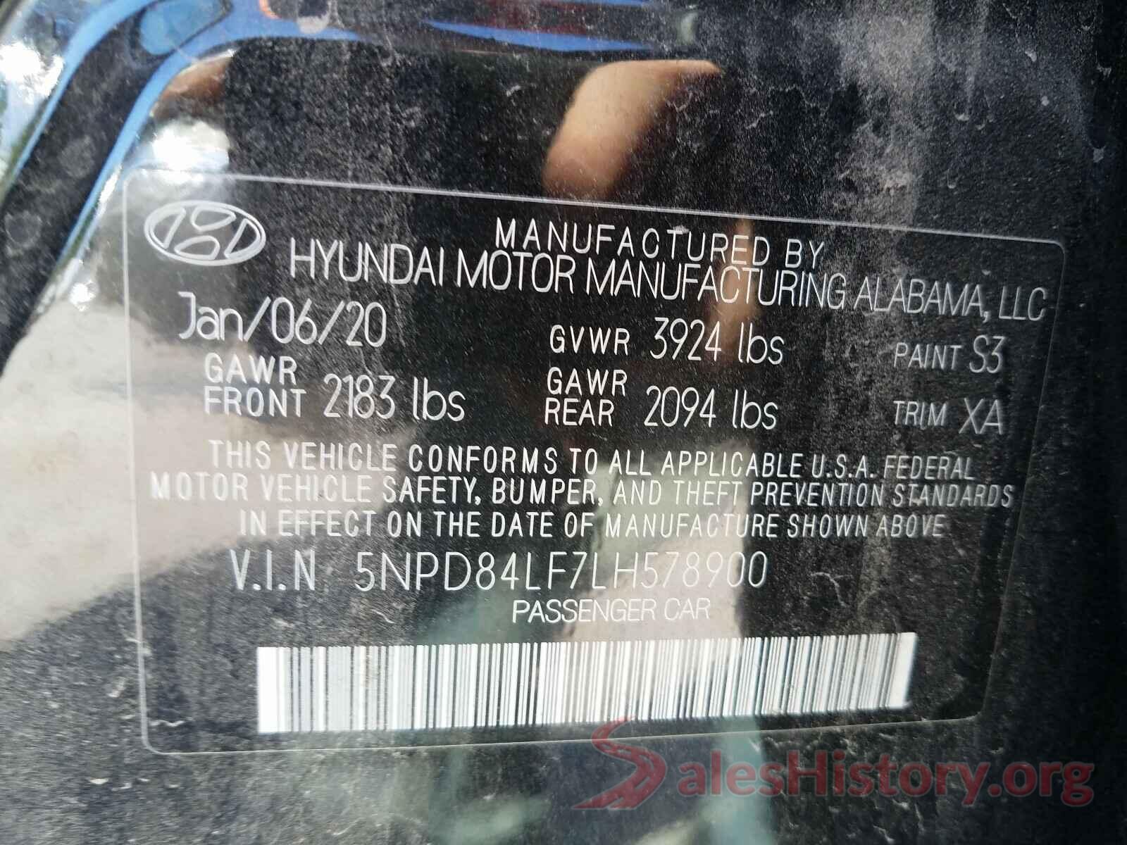 5NPD84LF7LH578900 2020 HYUNDAI ELANTRA