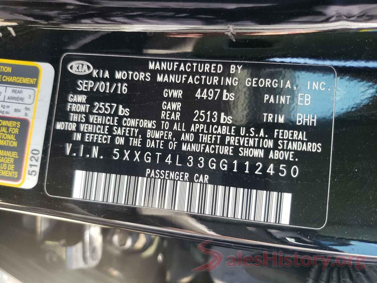 5XXGT4L33GG112450 2016 KIA OPTIMA