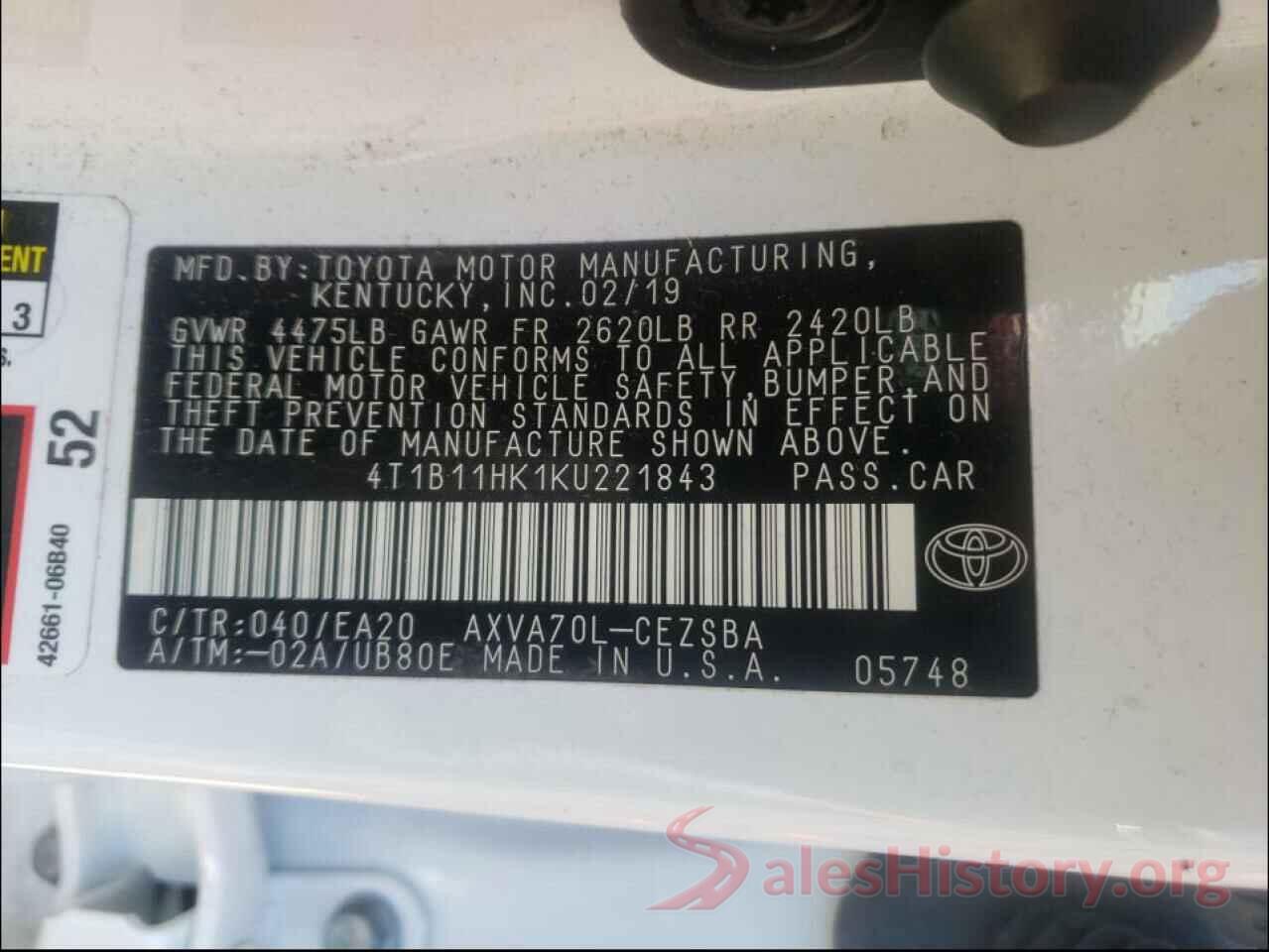 4T1B11HK1KU221843 2019 TOYOTA CAMRY