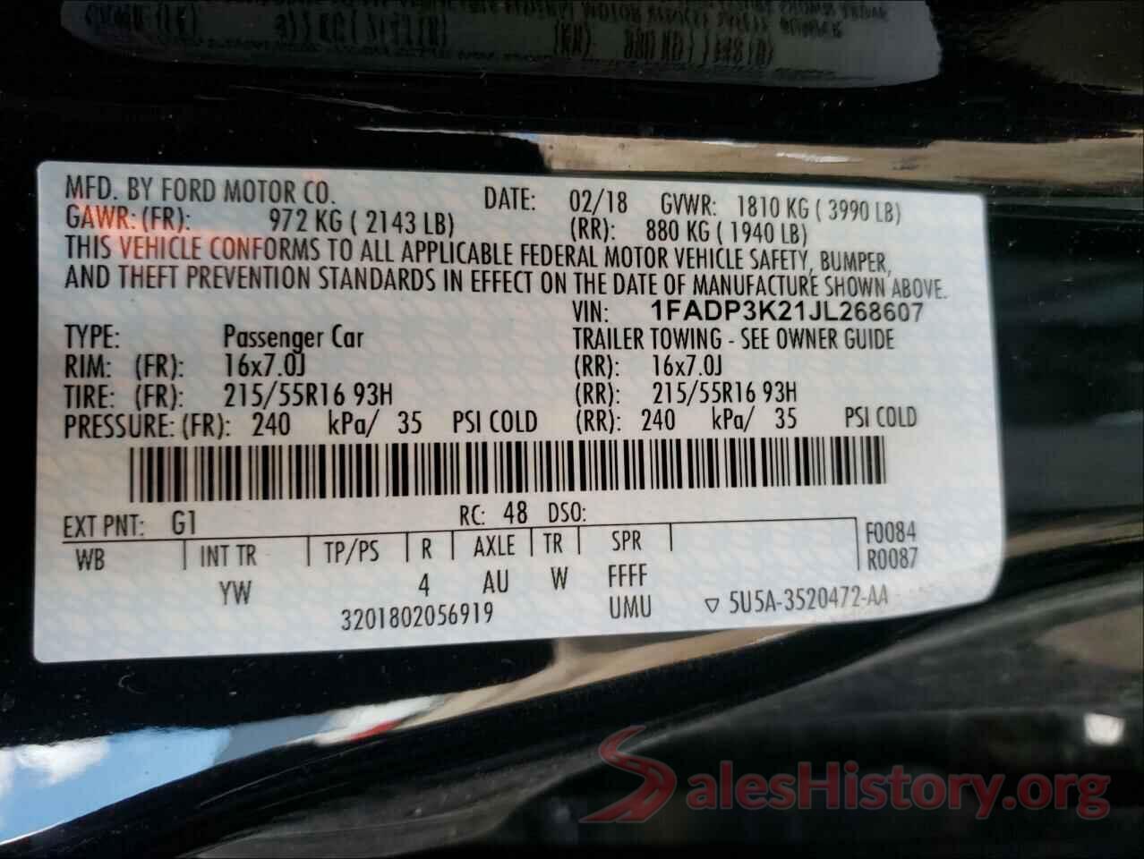 1FADP3K21JL268607 2018 FORD FOCUS