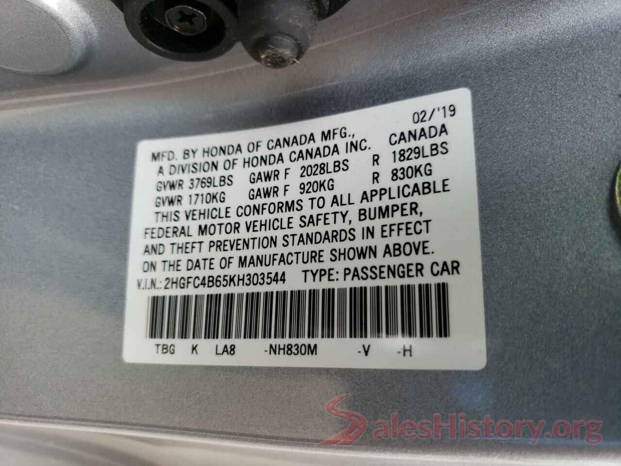 2HGFC4B65KH303544 2019 HONDA CIVIC