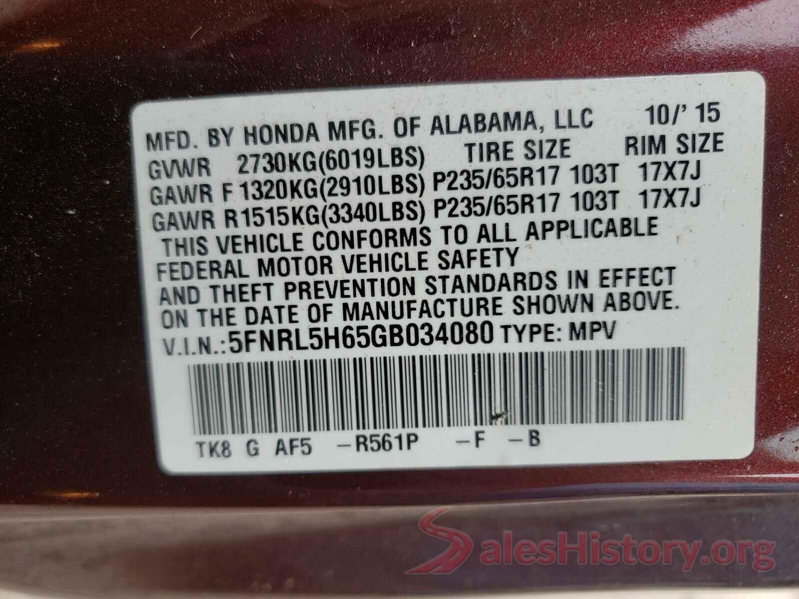 5FNRL5H65GB034080 2016 HONDA ODYSSEY