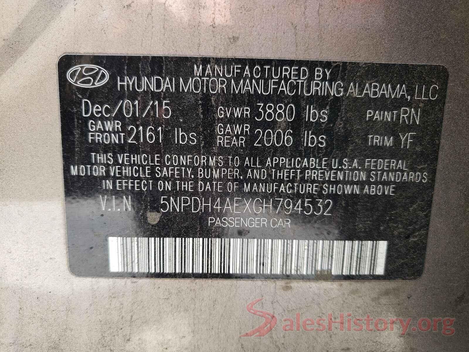 5NPDH4AEXGH794532 2016 HYUNDAI ELANTRA