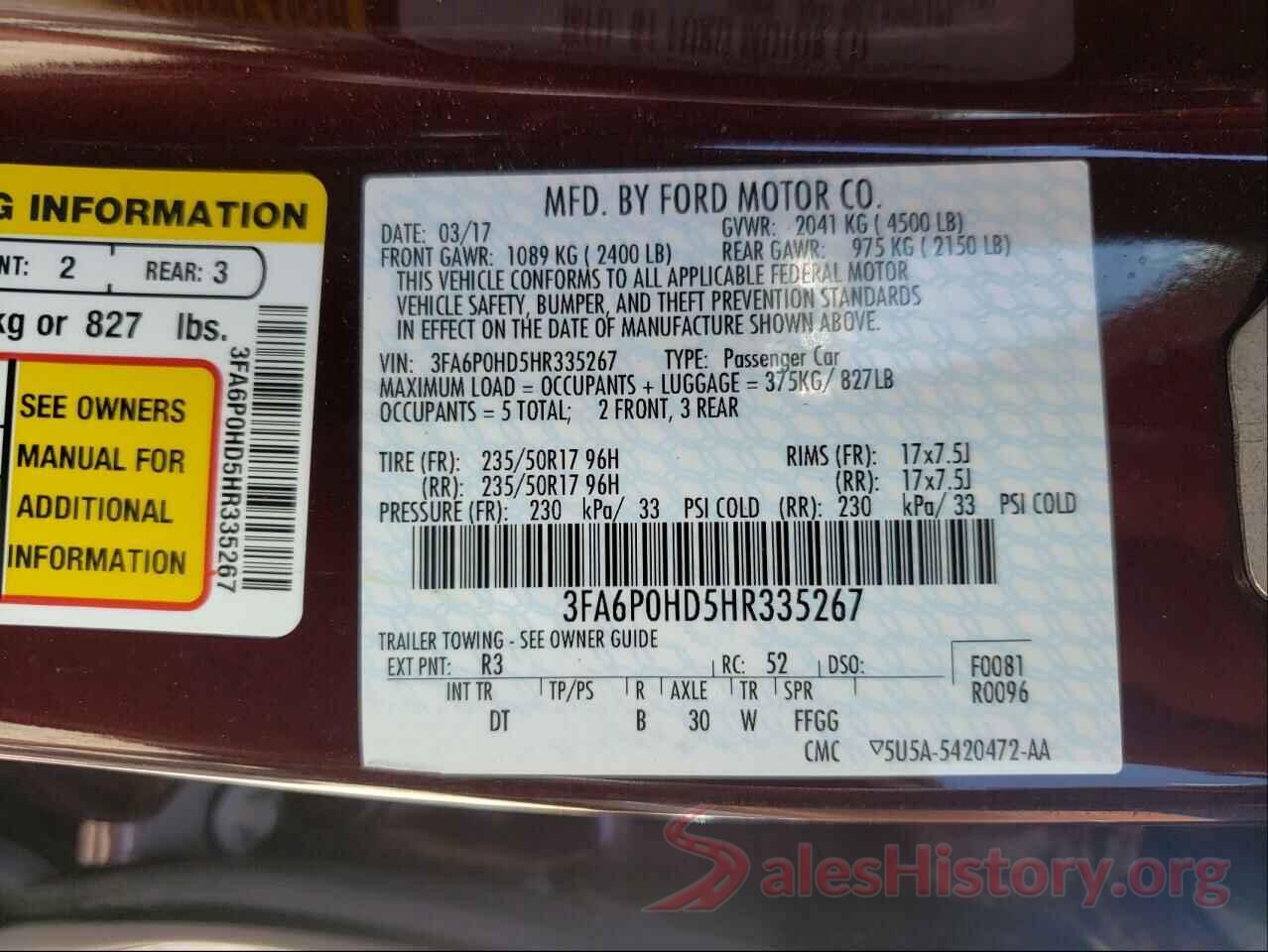 3FA6P0HD5HR335267 2017 FORD FUSION